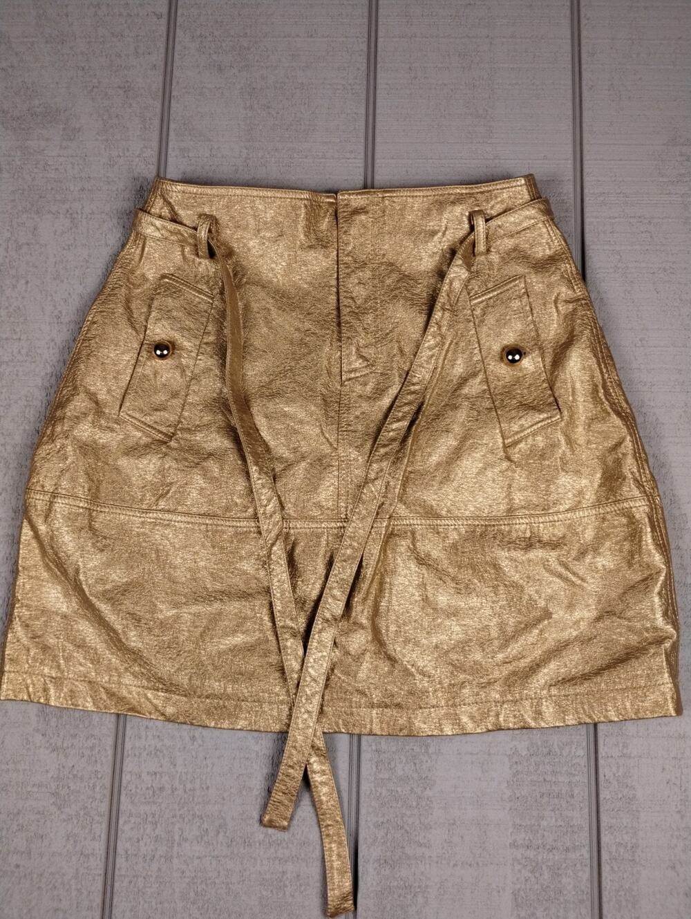 Nerazzurri Metallic Faux Leather Belted Skirt Womens L Gold Glam Disco Retro